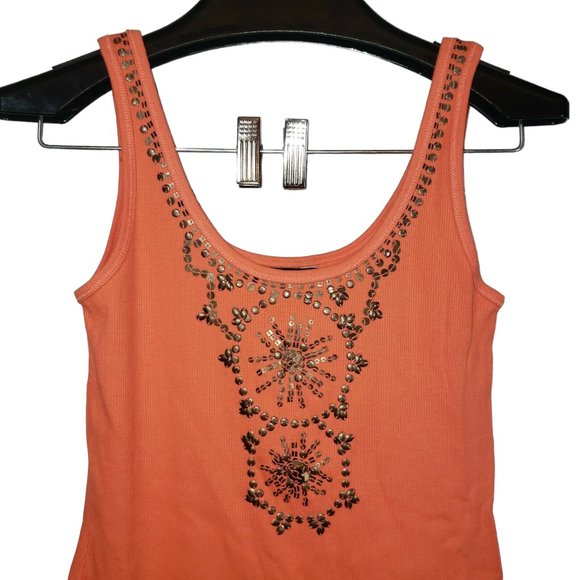 Moda International Ribbed Tank Top Dress Copper Sequin Beaded Sun Boho Beachy - Picture 2 of 4